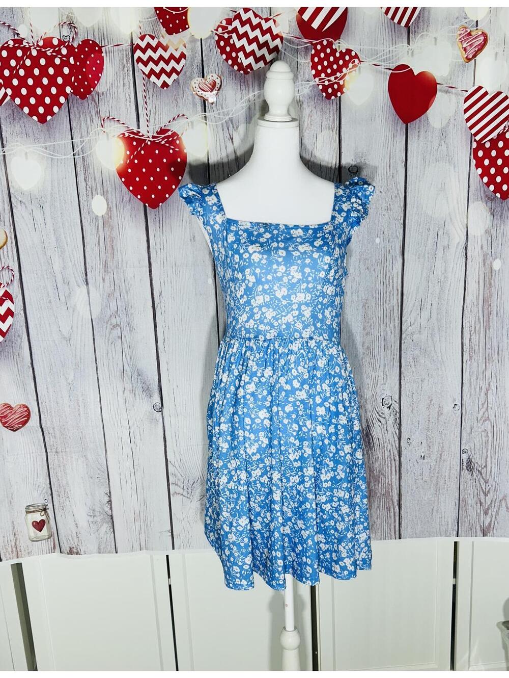 Loemes Blue & White Floral Ruffle Sleeve Fit & Flare Mini Dress Small